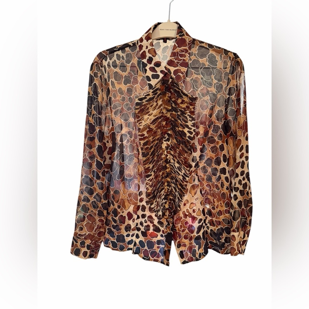 Vintage Escada Sheer Cheetah Print Ruffle Front Top Feminine Dainty Flirty